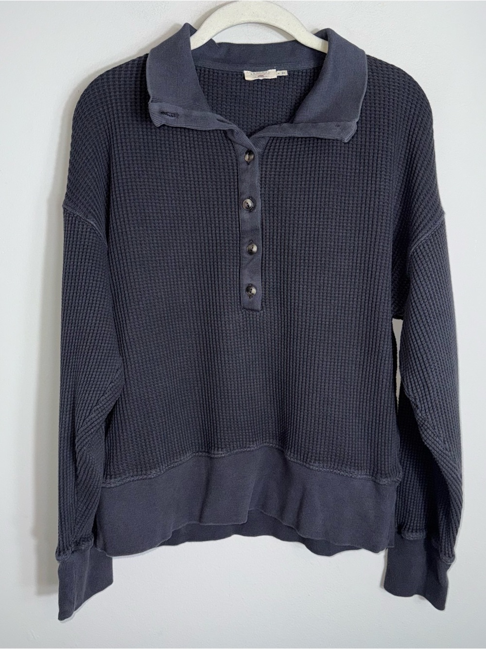 Faherty Women's Waffle Knit Henley Shirt Top-Dark Gray-Long Sleeves-Medium